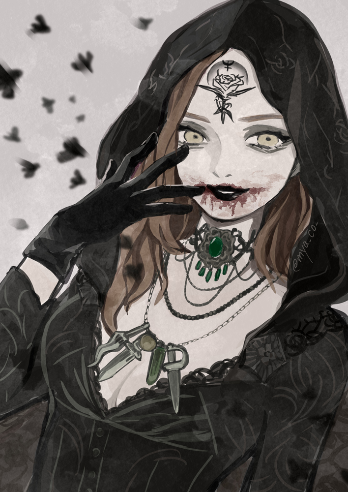 1girl black_gloves black_lips blood blood_on_face breasts brown_hair cleavage commentary daniela_dimitrescu gloves goth_fashion head_tattoo hooded_robe jewelry long_hair myaco9 necklace resident_evil resident_evil_village robe solo yellow_eyes