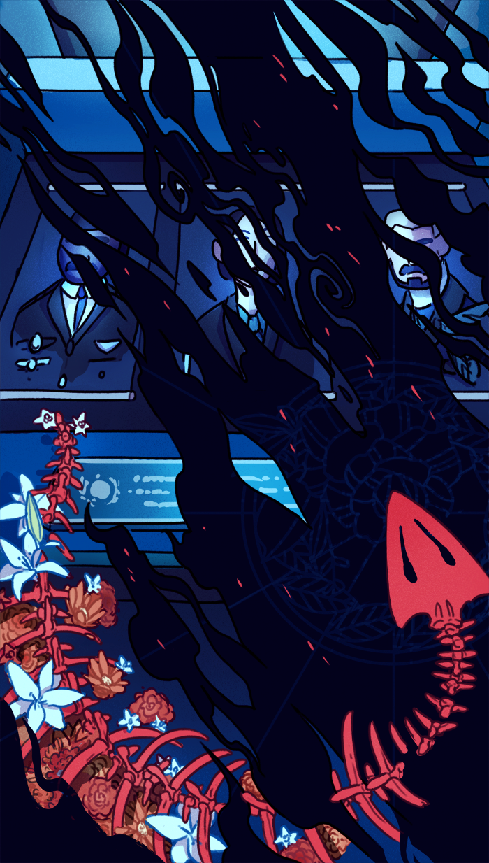 1girl 2boys animal_skeleton beard black_hair black_suit blue_necktie card commentary death_(tarot) embers english_commentary facial_hair fish_skeleton flower formal_clothes highres indoors leaf lily_(flower) limited_palette mako_mori mellific multiple_boys necktie orange_flower pacific_rim pacific_rim:_uprising red_flower ribe sasha_kaidanovsky skeleton smoke spine stacker_pentecost suit surreal tarot tarot_card white_flower white_hair white_lily