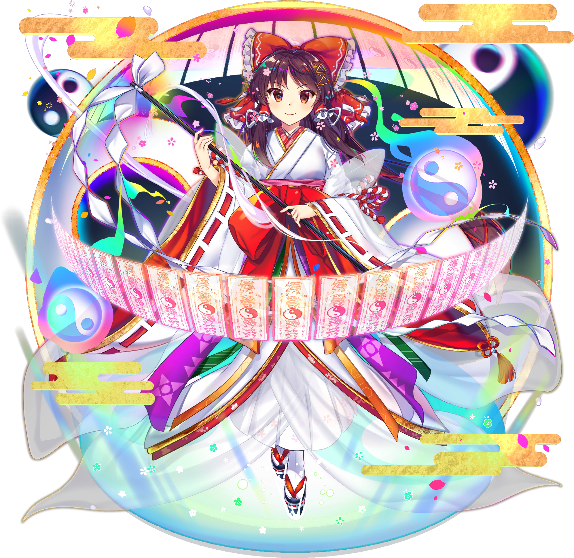 1girl alternate_costume black_sandals bow brown_eyes brown_hair closed_mouth egasumi frilled_bow frills full_body game_cg geta gohei hair_bow hakurei_reimu hakurei_reimu_(good_luck_shrine_maiden) happy highres holding holding_gohei japanese_clothes kimono kouhaku_nawa long_hair long_sleeves looking_at_viewer medium_hair obi official_art ofuda orb red_bow red_sash rope rotte_(1109) sandals sash shide shimenawa smile socks solo tabi third-party_source touhou touhou_lostword transparent_background white_kimono white_socks wide_sleeves yin_yang yin_yang_orb yin_yang_print