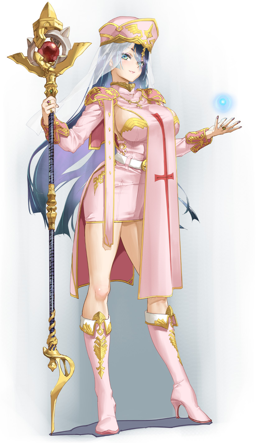 1girl black_hair blue_eyes boots comic_bavel commentary_request dress full_body happoubi_jin hat high_heel_boots high_heels highres holding holding_scepter jewelry long_hair looking_at_viewer magic mitre original pink_boots pink_dress pink_hat ring scepter short_dress smile solo very_long_hair