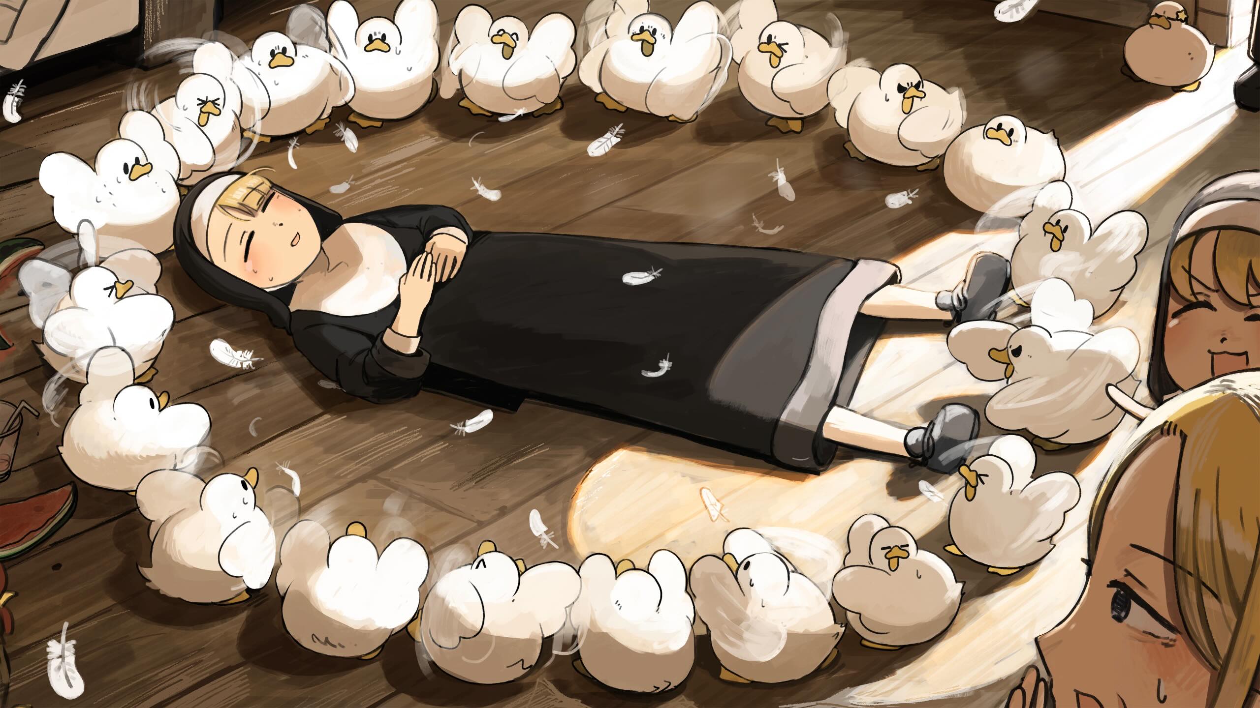 >_< 4girls :d bendy_straw bird black_shoes blonde_hair blue_eyes chicken closed_eyes clumsy_nun_(diva) commentary cup diva_(hyxpk) drinking_straw duck english_commentary feathers food fruit highres little_nuns_(diva) lying melon multiple_girls nun on_floor one_eye_closed open_mouth shoes smile spicy_nun_(diva) star_ornament strict_nun's_mother_(diva) sweat traditional_nun wing_flapping