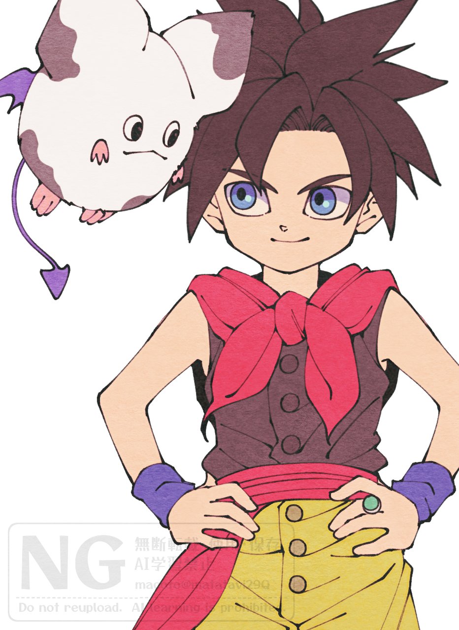 1boy 1other 29qmatatavi bat_wings black_hair black_vest blue_eyes child cowboy_shot creature demon_tail dragon_quest dragon_quest_monsters dragon_quest_monsters_joker_2 gem green_gemstone hands_on_own_hips hero_(dqmj2) highres jewelry looking_at_another looking_to_the_side male_focus neckerchief pants red_neckerchief red_sash ring sash short_hair smile spiked_hair tail teeny_sanguini vest white_background white_fur wings wristband yellow_pants