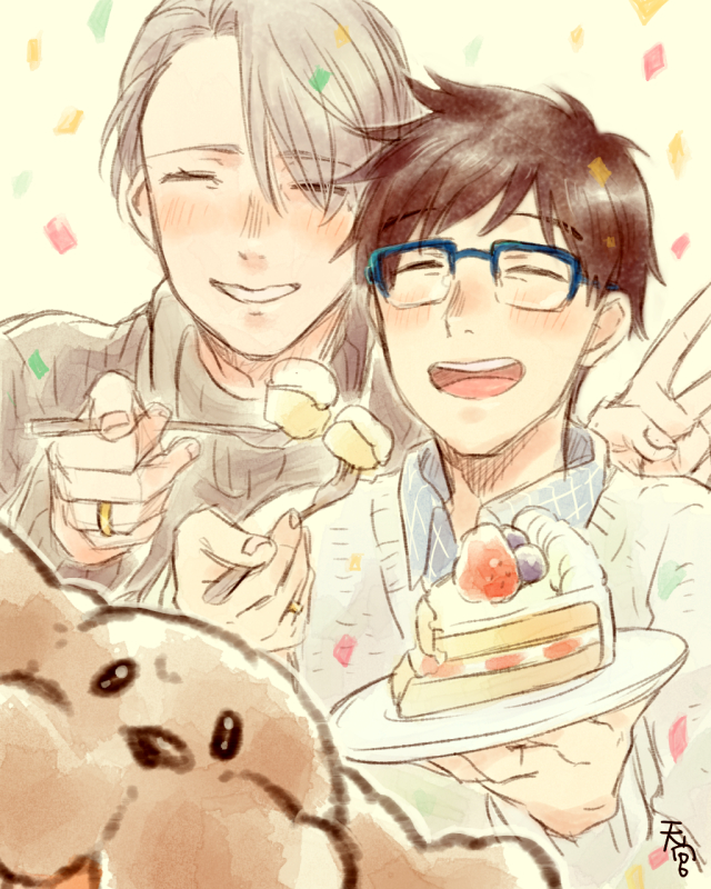 2boys ^_^ amamiya_konatsu black_hair blue-framed_eyewear cake closed_eyes collared_shirt confetti dog closed_eyes eyes_visible_through_hair food fork fruit glasses grin jewelry katsuki_yuuri makkachin male_focus multiple_boys open_mouth plate ring shirt silver_hair smile strawberry sweater turtleneck turtleneck_sweater v viktor_nikiforov yuri!!!_on_ice