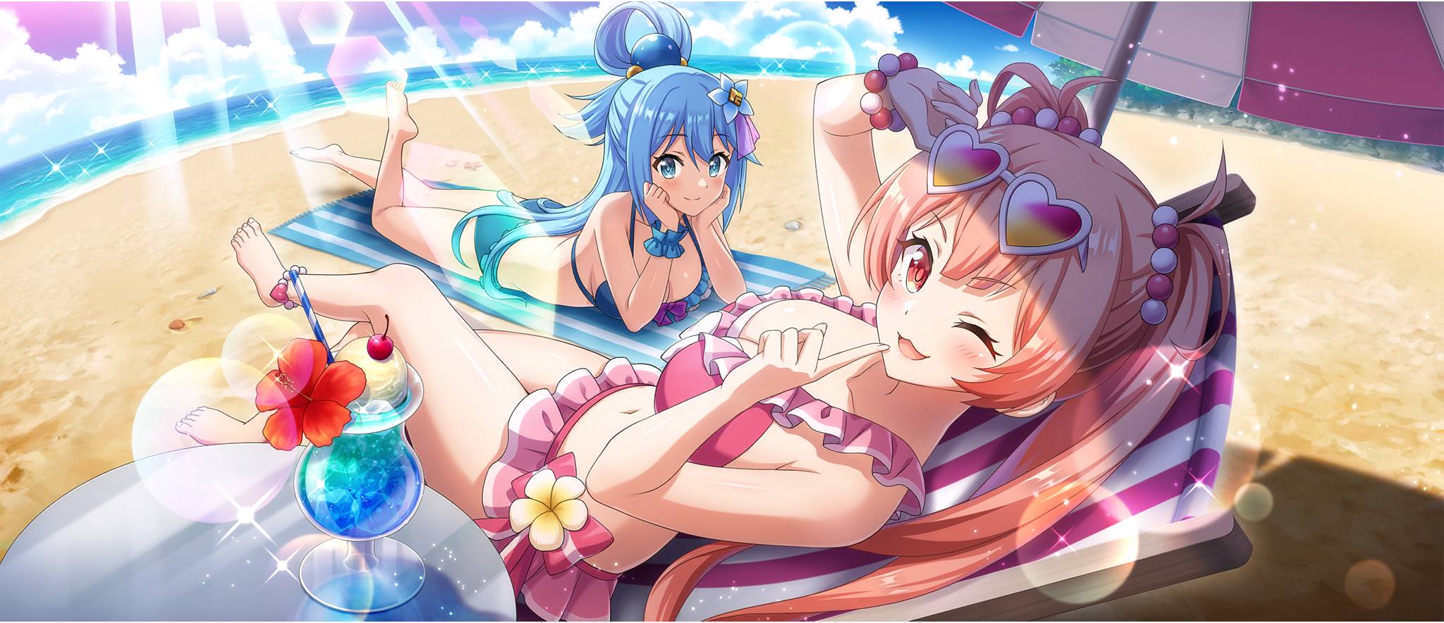 2girls ;3 anklet aqua_(konosuba) arm_up armpit_crease bare_arms bare_legs bare_shoulders barefoot beach beach_chair beach_towel beach_umbrella bead_anklet bead_bracelet beads bikini blue_bikini blue_eyes blue_flower blue_hair blue_scrunchie blue_sky bow bow_bikini bracelet breasts chair cleavage closed_mouth cloud cloudy_sky collarbone crossed_legs cup double-parted_bangs drinking_glass erika_(konosuba) eyewear_on_head finger_to_mouth flower frilled_bikini frills from_above game_cg hair_beads hair_between_eyes hair_flower hair_flowing_over hair_ornament hair_rings hands_on_own_cheeks hands_on_own_face heart heart-shaped_eyewear highres horizon hurricane_glass jewelry kono_subarashii_sekai_ni_shukufuku_wo! konosuba!_fantastic_days large_breasts leg_up light_blush long_hair looking_at_viewer lounge_chair lying multiple_girls navel ocean official_alternate_costume official_art on_chair on_ground on_stomach one_eye_closed open_mouth outdoors pink-tinted_eyewear pink_bikini pink_bow pink_eyes pink_hair reclining sand scrunchie shade shiny_skin shushing sideboob sidelocks single_hair_ring sky smile stomach sunlight swimsuit thighs tinted_eyewear towel twintails umbrella v-shaped_eyebrows very_long_hair water white-framed_eyewear wrist_scrunchie
