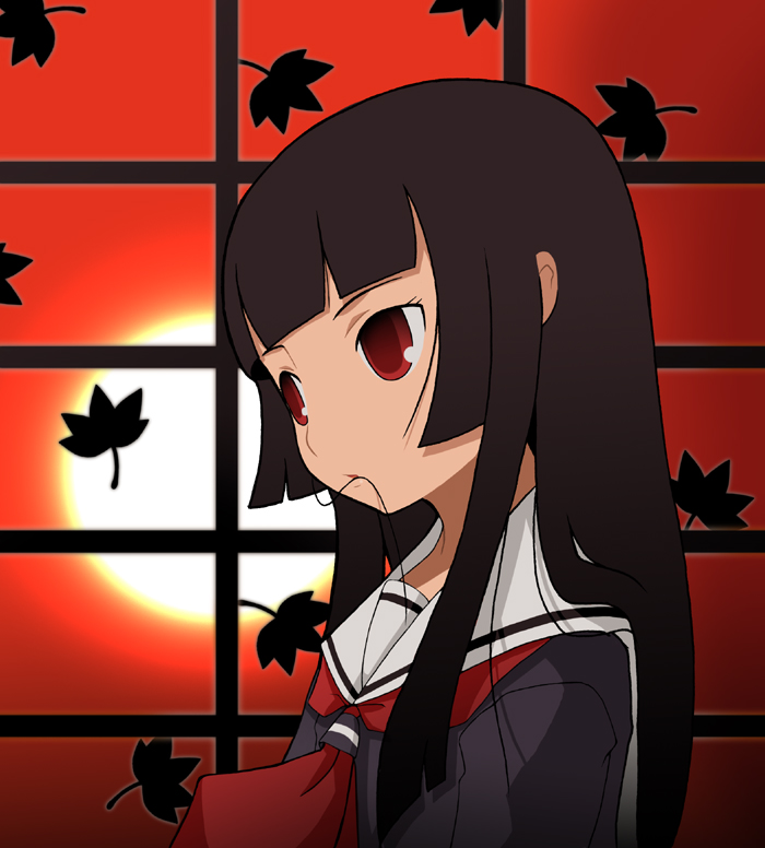 1girl black_hair black_shirt enma_ai from_side hair_in_own_mouth hime_cut imaizumi_teruhiko jigoku_shoujo leaf long_hair looking_ahead maple_leaf neckerchief red_background red_eyes red_neckerchief sailor_collar school_uniform serafuku shirt shouji sliding_doors solo sun upper_body white_sailor_collar