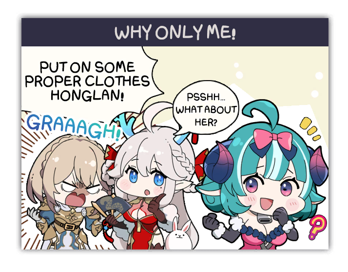 1koma 3girls ? ahoge angry animal_ears armor bare_shoulders bell black_gloves blue_eyes blush bow braid breastplate breasts chest_cutout chibi china_dress chinese_clothes claire_(eversoul) cleavage comic crown_braid dragon_girl dragon_horns dress elbow_gloves english_text eversoul game_cg gloves hair_between_eyes hair_bow hair_ornament hair_ribbon hand_fan holding holding_fan honglan_(eversoul) horns large_breasts light_brown_hair long_hair lute_(eversoul) mole mole_under_eye multiple_girls neck_bell non-web_source off_shoulder official_art pauldrons pink_dress pointy_ears purple_eyes ribbon sheep_ears sheep_girl sheep_horns short_hair shoulder_armor simple_background speech_bubble transparent_background white_hair wool