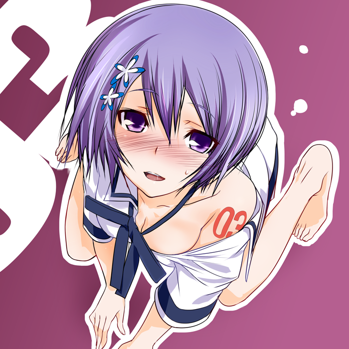 1girl bad_feet bare_legs barefoot blush countdown female_focus flower from_above hair_flower hair_ornament kawagishi_keitarou maji_de_watashi_ni_koi_shinasai! open_mouth purple_eyes purple_hair saliva school_uniform shiina_miyako short_hair sitting solo sweat tattoo wagi wariza