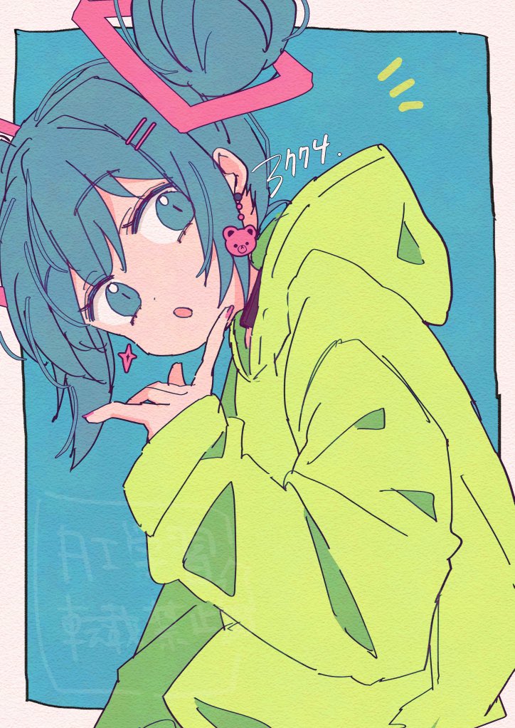 1girl 3774. arm_at_side artist_name baggy_clothes bear_earrings blue_background border cowboy_shot double_bun finger_to_own_chin from_side green_hoodie hair_bun hair_ornament hairpin hatsune_miku hood hood_down hoodie index_finger_raised leaning_forward long_sleeves looking_at_viewer notice_lines raised_eyebrows short_hair simple_background sleeves_past_wrists solo sparkle_earrings vocaloid white_border