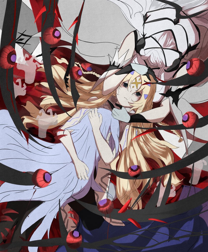 3girls black_eyes blonde_hair duel_monster ecclesia_(yu-gi-oh!) empty_eyes facial_mark fleurdelis_(yu-gi-oh!) forehead_mark head_grab hug incredible_ecclesia_the_virtuous long_hair multiple_girls the_iris_swordsoul uragawai white_hair white_relic_of_dogmatika yu-gi-oh!