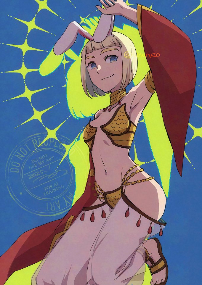 1girl 2025 animal_ears arm_up armpits bikini blonde_hair blue_background blue_eyes blunt_bangs bob_cut breasts brown_sandals closed_mouth commentary_request detached_sleeves fake_animal_ears foot_out_of_frame gem gypsy_(ragnarok_online) harem_pants jewelry looking_at_viewer navel neck_ring pants rabbit_ears ragnarok_online red_gemstone red_sleeves sandals see-through_clothes see-through_pants short_bangs short_hair small_breasts smile solo strapless strapless_bikini swimsuit umaruzo watermark white_pants yellow_bikini