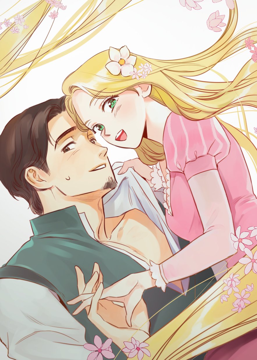 1boy 1girl blonde_hair brown_eyes brown_hair commentary_request dress facial_hair flower flynn_rider goatee green_eyes hair_flower hair_ornament highres interlocked_fingers izzi315 korean_commentary long_hair long_sleeves looking_at_viewer open_mouth pink_dress puffy_sleeves rapunzel_(disney) short_hair smile sweatdrop tangled upper_body very_long_hair