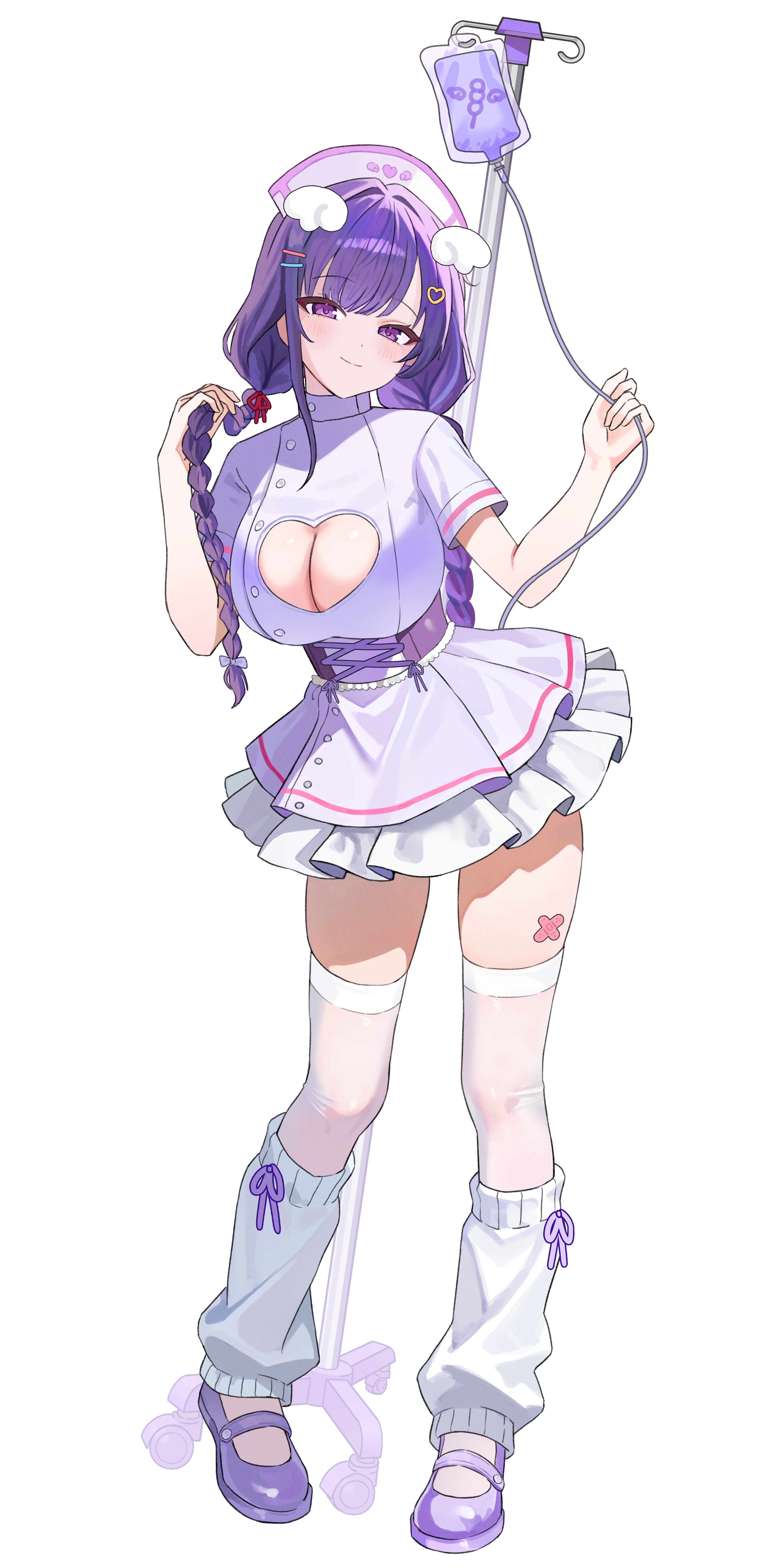 1girl absurdres alternate_costume bandaid bandaid_on_leg bandaid_on_thigh blush braid breasts cleavage cleavage_cutout closed_mouth clothing_cutout corset criss-cross_straps crossed_bandaids dress frilled_skirt frills full_body genshin_impact hair_ornament hairclip hat heart heart_cutout heart_hair_ornament highres holding holding_own_hair intravenous_drip iv_stand large_breasts leg_warmers long_hair looking_at_viewer low_twin_braids mole mole_under_eye nurse nurse_cap purple_dress purple_eyes purple_hair purple_shoes purple_skirt raiden_shogun shoes simple_background skirt smile solo thighhighs thighs twin_braids very_long_hair white_background white_leg_warmers white_thighhighs wing_hair_ornament yamu_(yamu_030)