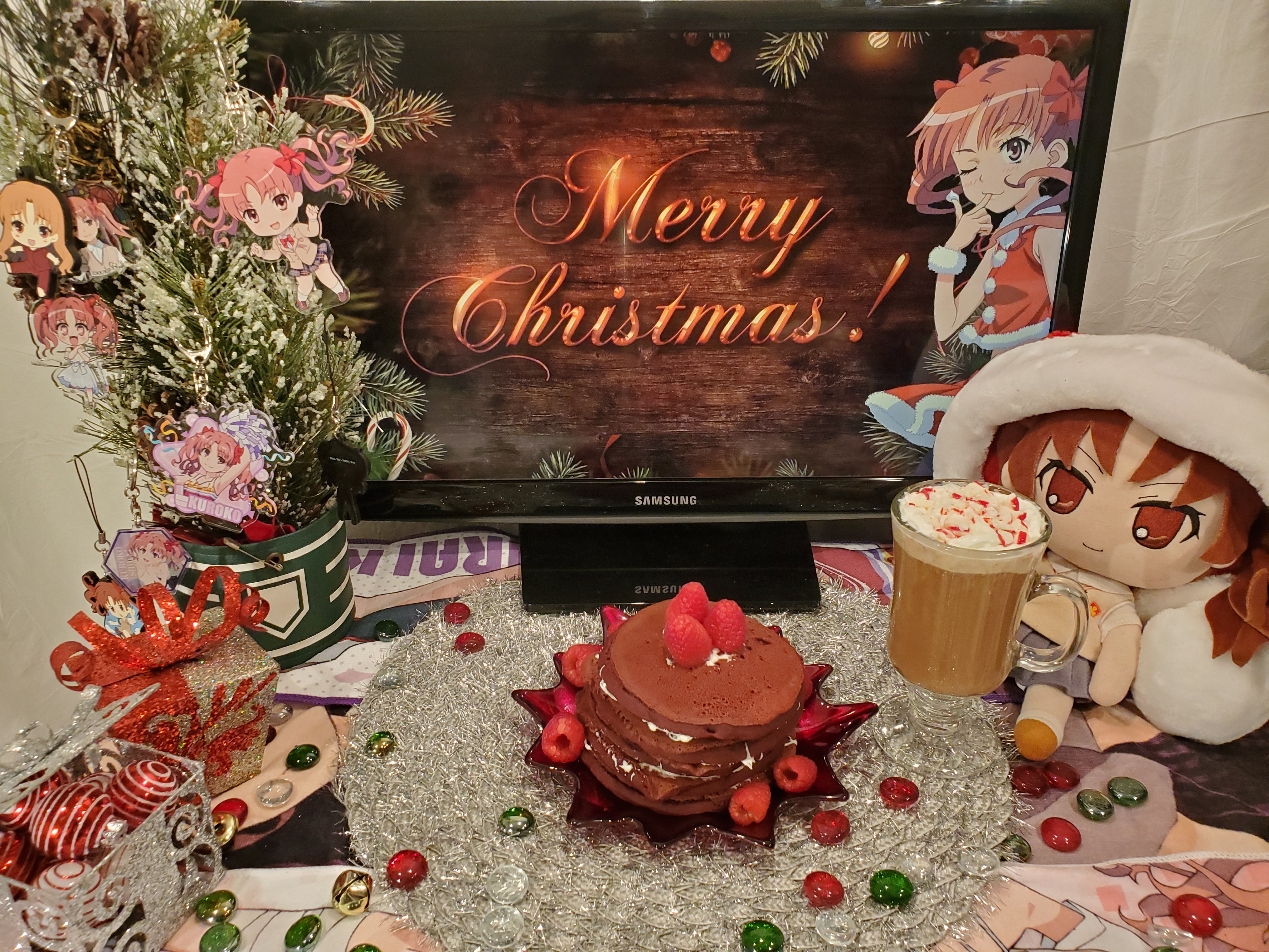 1girl 2d_dating absurdres bow box charm_(object) cheerleader chibi christmas christmas_ornaments christmas_tree collared_shirt commentary copyright_request cup drinking_glass food fruit gift gift_box glass hair_bow hat highres hot_chocolate charm_(object) marble merry_christmas monitor multiple_views orange_eyes orange_hair pancake parted_bangs photo_(medium) placemat plant plate pleated_skirt pom_pom_(cheerleading) pom_pom_(clothes) raspberry red_bow red_shirt santa_costume santa_hat shirai_kuroko shirt short_sleeves skirt sleeveless strawberry stuffed_toy sweater_vest table toaru_kagaku_no_railgun toaru_majutsu_no_index twintails vest whipped_cream white_shirt