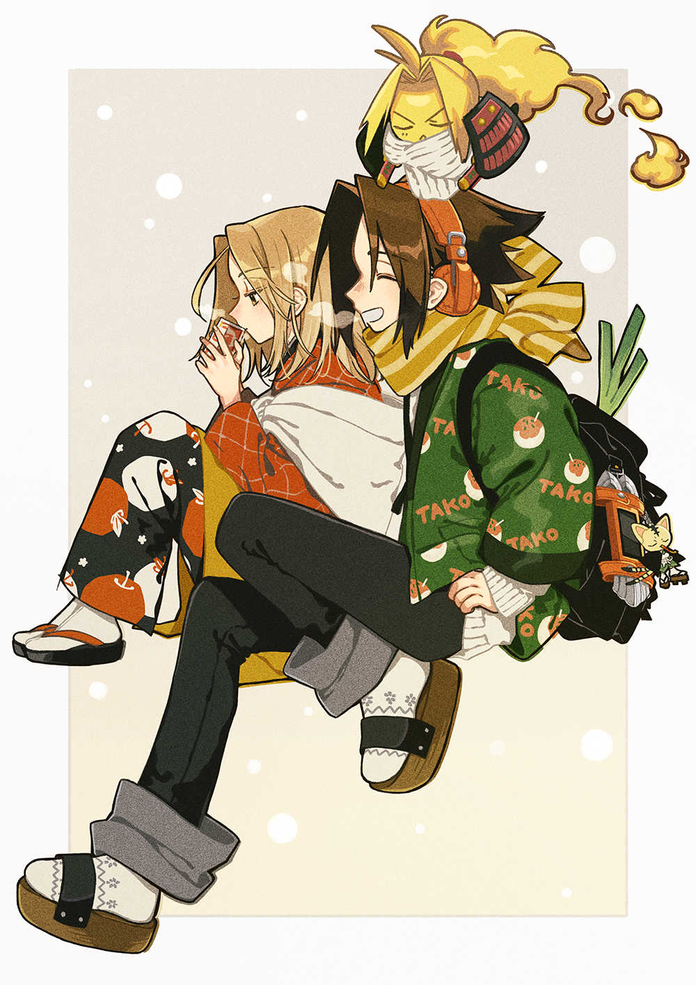 1girl 2boys amidamaru asakura_yoh black_pants brown_hair character_charm character_doll charm_(object) closed_eyes doll from_side full_body headphones highres invisible_chair keishin kyouyama_anna light_brown_hair multiple_boys pants profile sandals shaman_king sitting socks sweater white_legwear