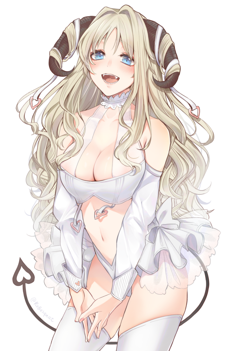 1girl :d blonde_hair blue_eyes blush bow breasts carrot_(robosquat) choker cleavage collarbone cowboy_shot darling_in_the_franxx demon_girl demon_horns demon_tail detached_sleeves eyelashes female_focus fingernails frills hair_intakes hair_on_horn heart highres horn_ornament horn_ribbon horns kokoro_(darling_in_the_franxx) large_breasts long_hair long_sleeves looking_at_viewer midriff nail_polish navel open_mouth own_hands_together pink_nails revealing_clothes ribbon see-through_clothes simple_background skindentation smile solo tail thighhighs wavy_hair white_background white_bow white_ribbon white_thighhighs