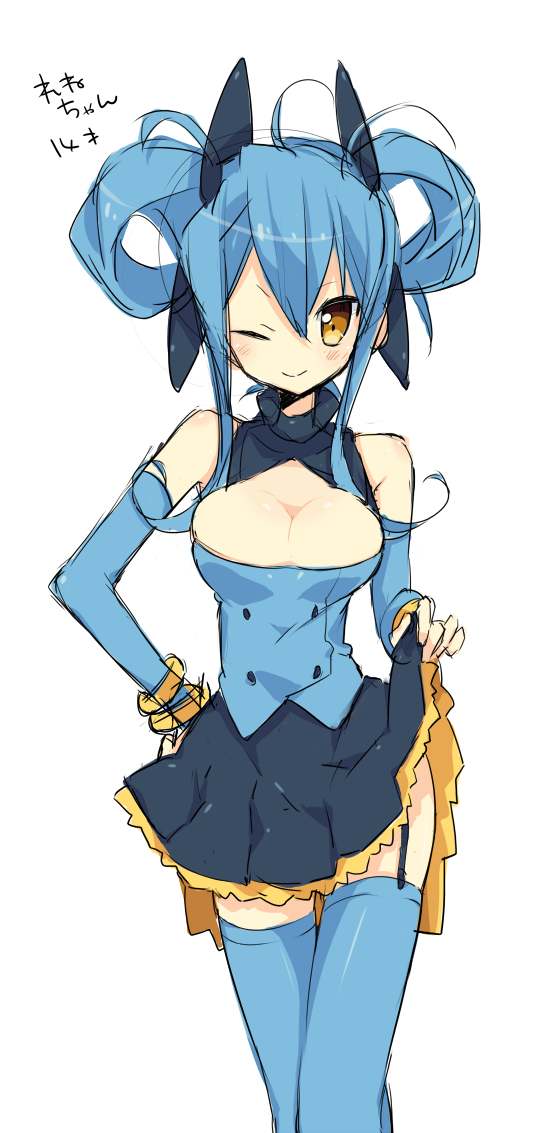 1girl bangle blue_hair blush bracelet breasts cleavage clothes_lift detached_sleeves female_focus garter_straps gen_4_pokemon hair_rings hand_on_own_hip jewelry luxio nakamura_sandayo nintendo one_eye_closed personification pokemon simple_background skirt skirt_lift smile solo thighhighs white_background wink yellow_eyes