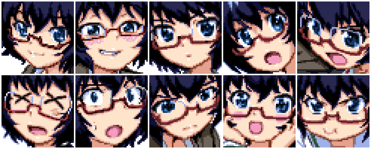 1girl 2ac5 bad_id bad_pixiv_id black_hair blue_eyes blush brown-framed_eyewear closed_mouth commentary constricted_pupils excited expressionless girls_und_panzer glasses hands_on_own_cheeks hands_on_own_face inactive_account light_frown looking_at_viewer looking_down looking_up multiple_expressions open_mouth oryou_(girls_und_panzer) pixel_art pout semi-rimless_eyewear short_hair smile surprised sweatdrop under-rim_eyewear x_x