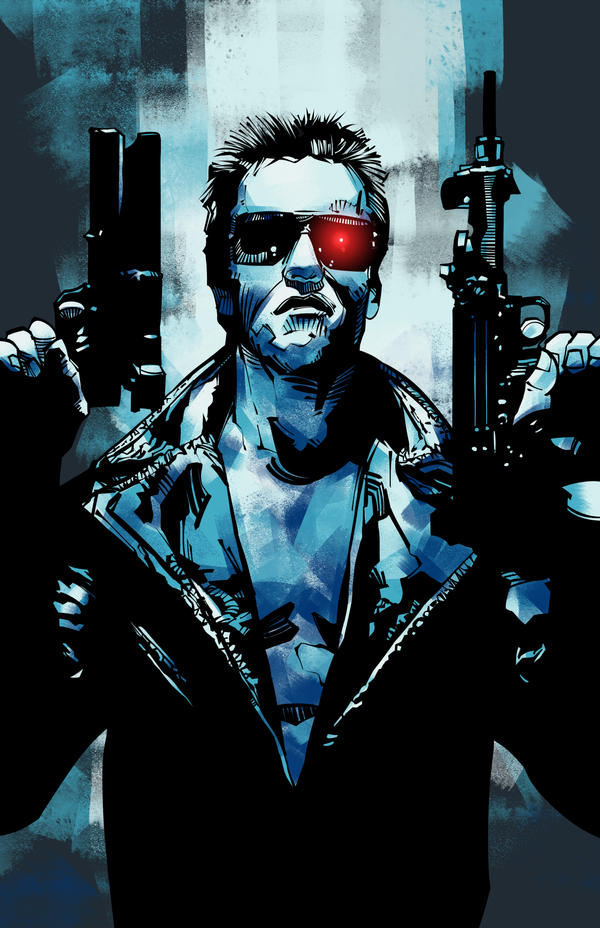 1boy amt_hardballer amt_hardballer_longslide arnold_schwarzenegger asymmetrical_dual_wielding bare_pectorals black_hair black_jacket blue_background blue_theme commentary dual_wielding english_commentary frown glowing glowing_eyes gun handgun holding holding_gun holding_weapon humanoid_robot jacket long_sleeves m1911 male_focus manly n-abakumov open_clothes open_jacket optical_sight pectorals pistol red_eyes robot short_hair solo spot_color submachine_gun sunglasses t-800 terminator_(series) uzi weapon