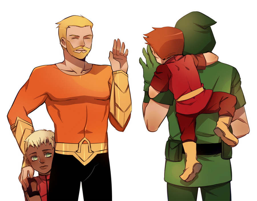 4boys aged_down aqua_lad aqua_man aquaman_(series) arthur_curry beard belt blonde_hair boots carrying dark_skin dc_comics emblem facial_hair family father_and_son gloves green_arrow green_arrow_(series) green_eyes hood kaldur&#039;ahm male_focus multiple_boys oliver_queen orange_hair roy_harper shoes simple_background speedy vambraces waving yellow_footwear young_justice:_invasion