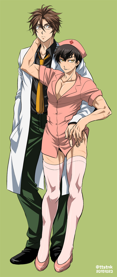 10s 2boys black_hair brown_eyes brown_hair crossdressing doudanuki_masakuni glasses hat male_focus multiple_boys muscular nurse nurse_cap pectorals scar short_hair thighhighs tonbokiri_(touken_ranbu) touken_ranbu wauwa yellow_eyes