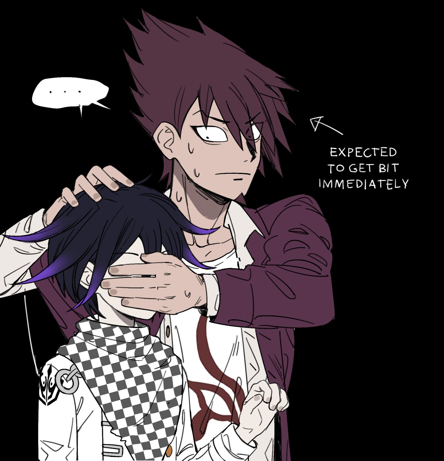 ! !! 2boys :d black_background black_hair checkered_neckerchief collarbone danganronpa_(series) danganronpa_v3:_killing_harmony english_text facial_hair fangs goatee hand_on_another's_face hand_up highres jacket long_sleeves male_focus miri_(bossu_osu) momota_kaito multicolored_hair multiple_boys neckerchief oma_kokichi open_clothes open_jacket open_mouth open_shirt pink_jacket purple_hair shirt smile speech_bubble teeth two-tone_hair upper_body upper_teeth_only white_jacket white_shirt