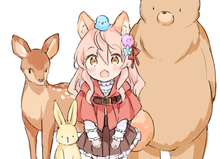1girl :o animal animal_ear_fluff animal_ears animal_on_head bear bird blue_flower blush brown_eyes brown_skirt capelet commentary_request deer fang flower frilled_skirt frilled_sleeves frills hair_between_eyes hair_ribbon long_hair long_sleeves looking_at_viewer on_head open_mouth original pink_flower pink_hair pleated_skirt rabbit red_capelet red_ribbon ribbon shirt simple_background skirt solo tail wataame27 white_background white_shirt wolf-chan_(wataame27) wolf_ears wolf_girl wolf_tail