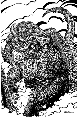 battle claws crossover duel fighting godzilla godzilla_(series) gomora greyscale horns kaiju kaijuverse lowres monochrome monster no_humans open_mouth scales sharp_teeth single_horn smoke tail teeth toho tsuburaya_productions ultra_series ultraman_(1st_series)