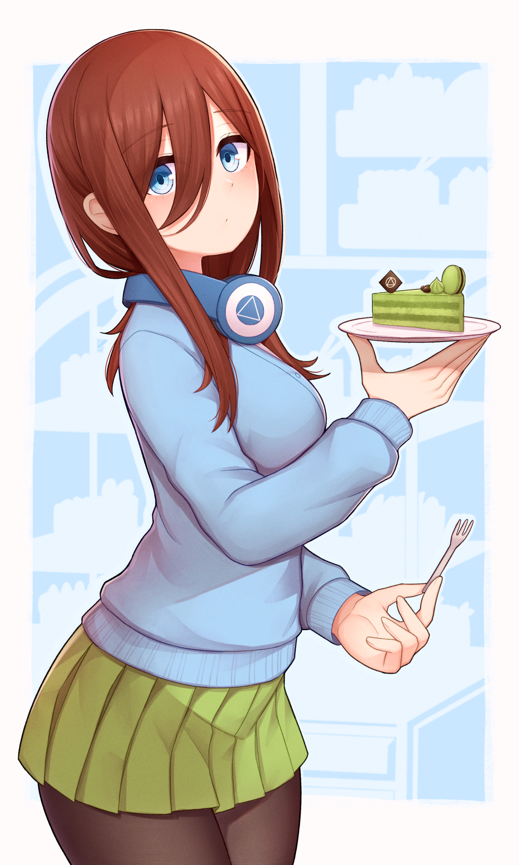 1girl absurdres atorie birthday_cake blue_eyes blue_sweater breasts brown_hair cake cake_slice cowboy_shot food fork go-toubun_no_hanayome green_skirt hair_between_eyes headphones headphones_around_neck highres holding holding_fork holding_plate large_breasts long_hair looking_at_viewer matcha_(food) nakano_miku pantyhose plate pleated_skirt skirt solo sweater
