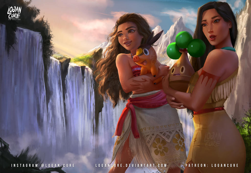 2girls bonsly crossover disney game_freak gen_4_pokemon gen_5_pokemon logan_cure moana_(movie) moana_waialiki multiple_girls nintendo pocahontas_(disney) pocahontas_(movie) pokemon pokemon_(creature) tepig water waterfall