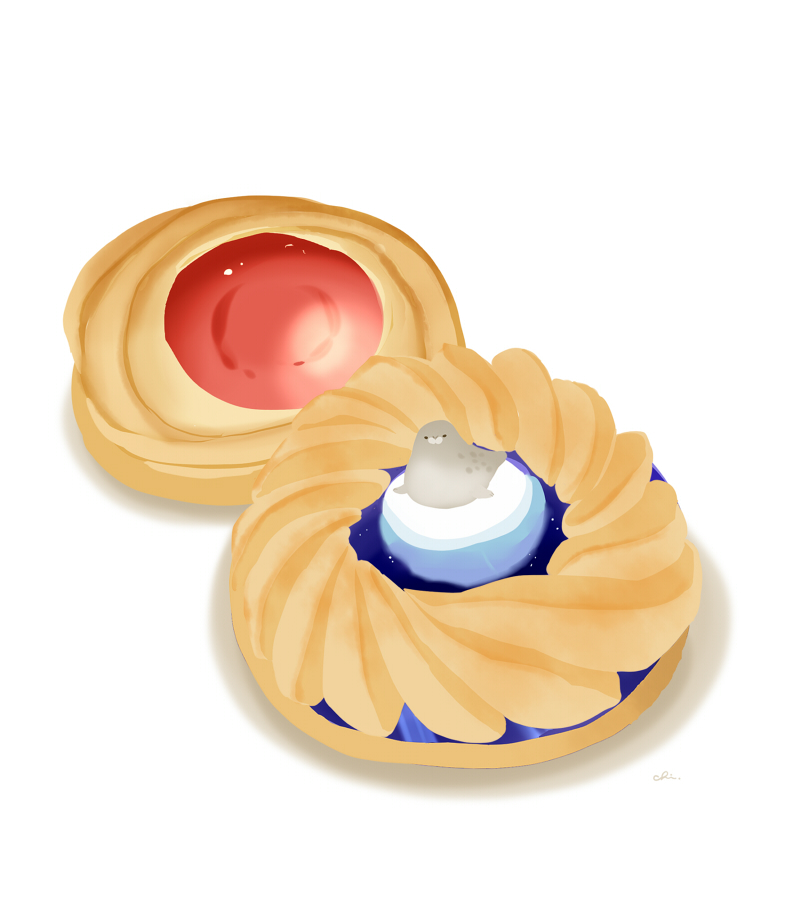 animal chai_(drawingchisanne) commentary_request cookie dessert food food_focus no_humans on_food original seal signature sweets tart_(food) undersized_animal white_background