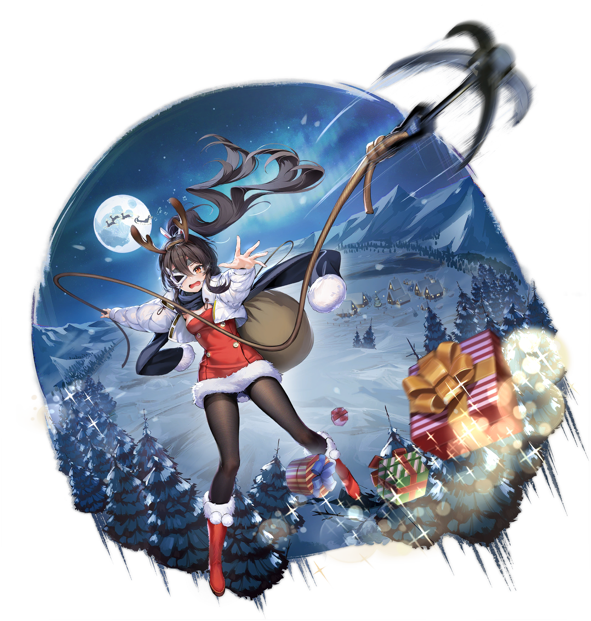 1girl akatsuki_(azur_lane) akatsuki_(santa's_lost_helper!)_(azur_lane) azur_lane black_hair black_pantyhose boots fur_trim hair_ornament highres horns long_hair looking_at_viewer mask moon official_alternate_costume official_art one_eye_covered ootsuki_momiji open_mouth outdoors pantyhose ponytail red_footwear santa_costume transparent_background