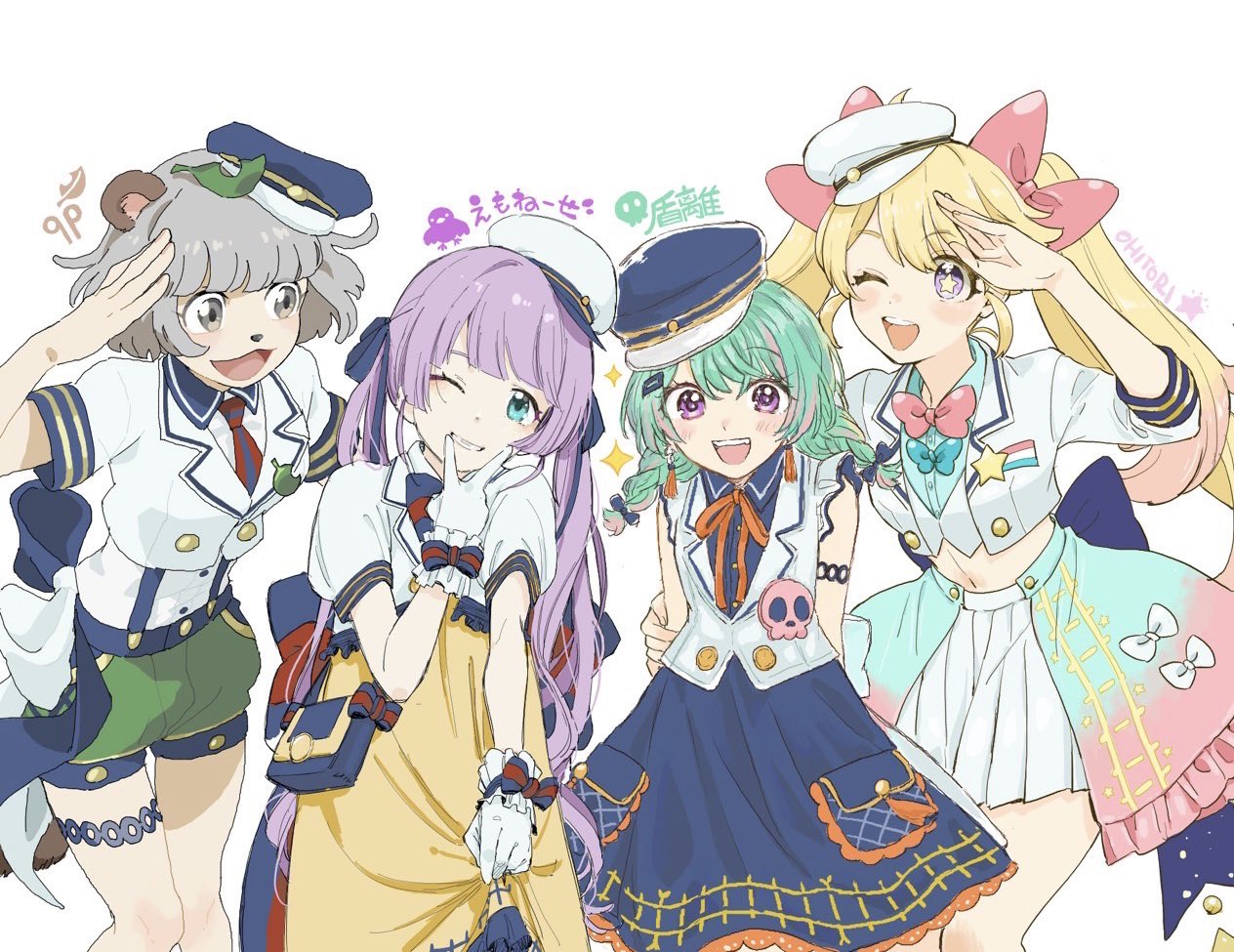 4girls :3 animal_ears animal_nose arm_around_waist artist_collaboration artist_name bag blonde_hair blue_bow blue_bowtie blue_eyes blue_shirt blue_skirt blunt_bangs bow bowtie braid collared_dress collared_shirt commentary_request cowboy_shot cropped_jacket cropped_shirt cropped_vest dress emo_nee_ze frilled_gloves frills gloves gradient_clothes gradient_skirt green_hair green_shorts grey_eyes grey_hair hand_on_another's_arm hand_up hat head_tilt hoshizaki_tia indie_virtual_youtuber leaf leaf_on_head lineup long_hair looking_at_another looking_at_viewer low_twin_braids midriff mochi_hiyoko mochipro mode_aim multiple_girls navel neck_ribbon necktie ohitori_(o_hitori_sama_1) one_eye_closed open_mouth overskirt peaked_cap pink_bow pink_bowtie pink_skirt pleated_skirt ponpoko_(vtuber) puffy_shorts purple_eyes purple_hair qp_(qp_anipokopi) raccoon_ears raccoon_girl ribbon saeki_yahiro salute shirt short_hair short_shorts shorts shoulder_bag simple_background skirt three-quarter_sleeves smile standing star-shaped_pupils star_(symbol) striped_necktie suspender_shorts suspenders symbol-shaped_pupils tatehana thigh_strap tilted_headwear twin_braids twintails two-tone_skirt v v_over_mouth vest virtual_youtuber white_background white_gloves white_shirt white_skirt white_vest yellow_dress yellow_pupils
