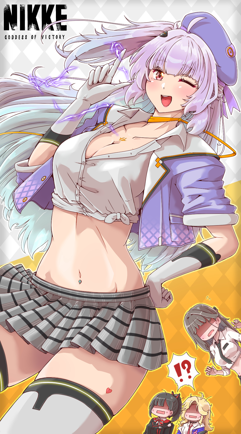 !? 4girls ;d aged_up ahoge beret black_hair black_jacket blonde_hair blue_hair blue_jacket blunt_bangs blush bow breasts brown_hair cleavage collarbone collared_shirt commentary_request cropped_shirt ein_(nikke) elbow_gloves electricity gloves goddess_of_victory:_nikke grey_skirt groin hair_ornament hand_on_own_hip hat heart highres index_finger_raised jacket large_breasts logo long_hair long_sleeves looking_at_viewer marciana_(nikke) marciana_(school_days)_(nikke) margherita832 medium_breasts midriff multicolored_hair multiple_girls navel navel_piercing necktie off_shoulder official_alternate_costume one_eye_closed open_clothes open_jacket open_mouth partially_unbuttoned piercing ponytail purple_hair purple_hat purple_jacket red_eyes red_necktie rei_(nikke) school_circle_(nikke) school_uniform shaded_face shirt sidelocks skindentation skirt sleeves_rolled_up smile spoken_interrobang standing striped_clothes striped_skirt thighhighs tied_shirt undersized_clothes vertical-striped_clothes vertical-striped_skirt white_gloves white_shirt white_thighhighs zettai_ryouiki zwei_(nikke)