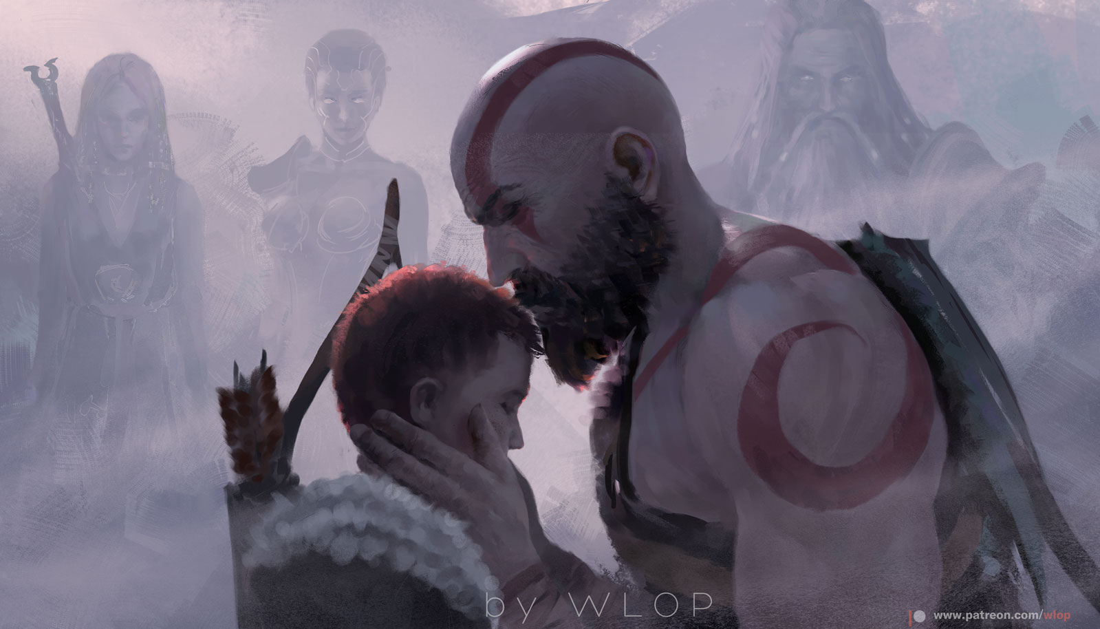 2girls 3boys artist_name athena atreus bald beard bodypaint bow_(weapon) breasts closed_eyes closed_mouth facial_hair father_and_son god_of_war hand_on_another&#039;s_neck kratos_(god_of_war) multicolored_clothes multiple_boys multiple_girls muscular mustache quiver short_hair spoilers weapon wlop zeus_(mythology)