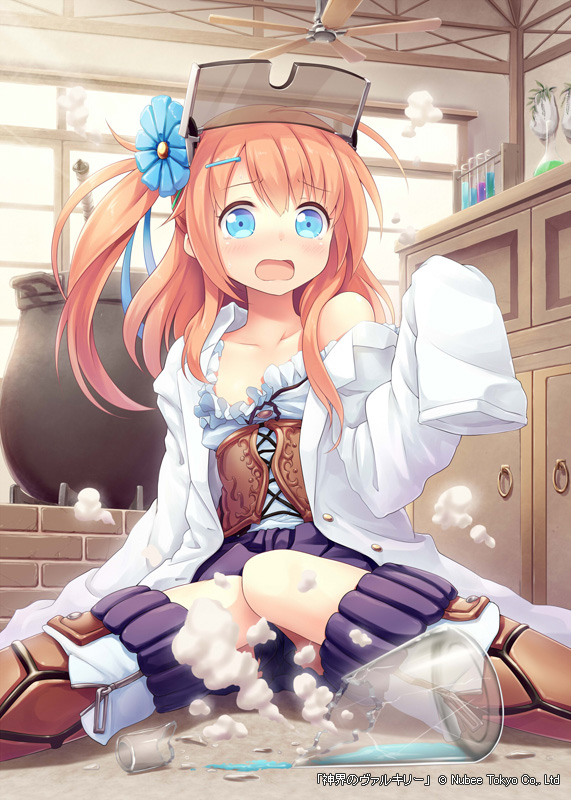 1girl aged_down akkijin alchemist alchemy blouse blue_eyes brown_hair ceiling_fan copyright_name corset dress erlenmeyer_flask female_focus flask flower hair_flower hair_ornament indoors master_alchemist_(shinkai_no_valkyrie) off_shoulder safety_glasses shinkai_no_valkyrie shirt shrinking sitting smoke solo surprised white_dress white_shirt