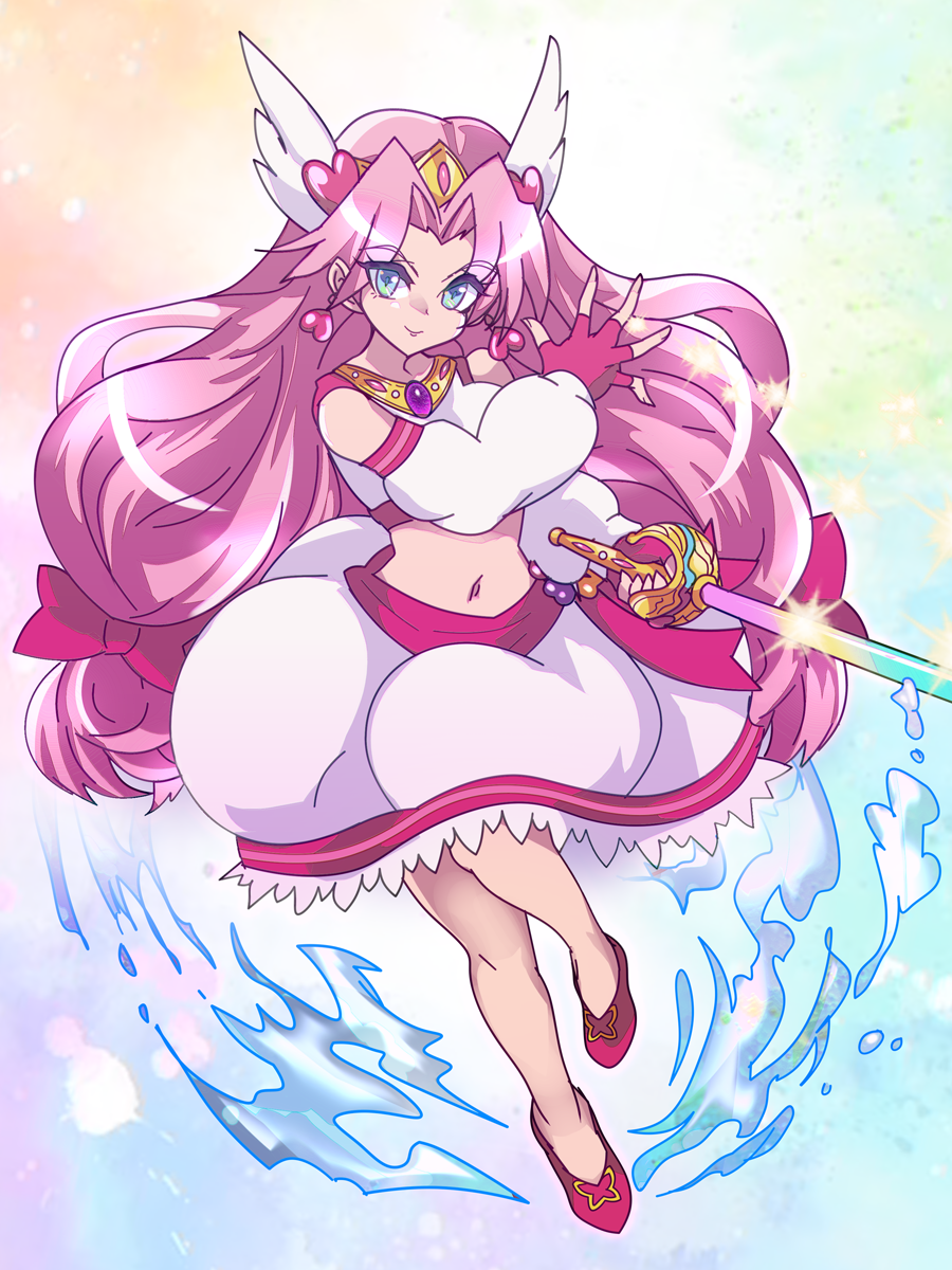 1girl amemiya_nijika_(benit149) bare_legs blue_eyes bow bubble_skirt closed_mouth commentary commission commissioner_upload cure_chroma_(benit149) dot_nose earrings fingerless_gloves full_body gem gloves guchurimu_genrishugi hair_bow hair_ornament head_wings heart heart_earrings heart_hair_ornament highres holding holding_sword holding_weapon jewelry left-handed long_hair looking_at_viewer low-tied_long_hair magical_girl midriff multicolored_background multicolored_sword navel necklace original parted_bangs pink_hair pixiv_commission precure purple_gemstone rainbow_background rapier red_bow red_gloves red_ribbon red_shoes ribbon shoes skirt smile solo sword tiara twintails waist_brooch weapon white_arm_warmers white_skirt wings