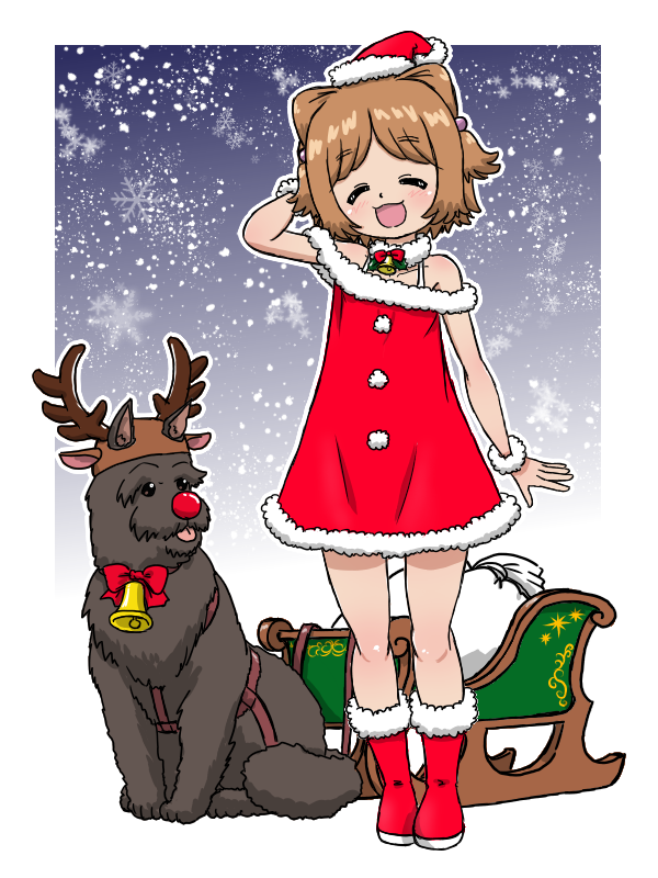 1girl 1other animal_ears antlers bell boots bra_strap brown_hair christmas closed_eyes cosplay deer_ears detached_collar detached_sleeves dog dress girls_und_panzer hand_on_own_head hat horns neck_bell red_boots red_dress red_hat red_nose red_ribbon reindeer_antlers ribbon rudolph_the_red_nosed_reindeer rudolph_the_red_nosed_reindeer_(cosplay) santa_boots santa_claus santa_costume santa_dress santa_hat short_hair sled sleeveless sleeveless_dress snowflakes snowing strapless strapless_dress takahashi_kurage waterzooi_(girls_und_panzer) white_bag yuuko_(girls_und_panzer)