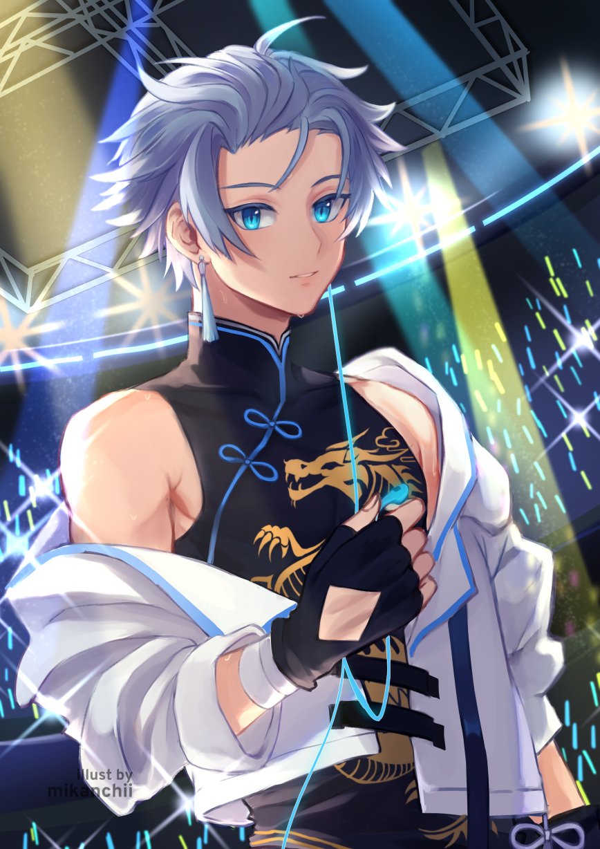1boy bare_shoulders black_shirt blue_eyes blue_hair chinese_clothes chongyun_(genshin_impact) earrings genshin_impact highres hood hooded_jacket jacket jewelry looking_at_viewer male_focus mikanchii open_clothes open_jacket shirt short_hair solo tassel tassel_earrings white_hood white_jacket