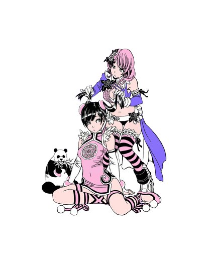 2girls alisa_boskonovich asymmetrical_clothes asymmetrical_sleeves black_hair breasts china_dress chinese_clothes cleavage dress elbow_gloves fingerless_gloves flats flower gloves hair_flower hair_ornament hands_in_hair knees_together_feet_apart ling_xiaoyu medium_breasts midriff mismatched_sleeves multiple_girls panda panda_(tekken) pink_hair playing_with_another&#039;s_hair short_dress showgirl_skirt sitting striped_clothes striped_legwear striped_thighhighs tekken thighhighs white_background yamashita_shun&#039;ya yokozuwari