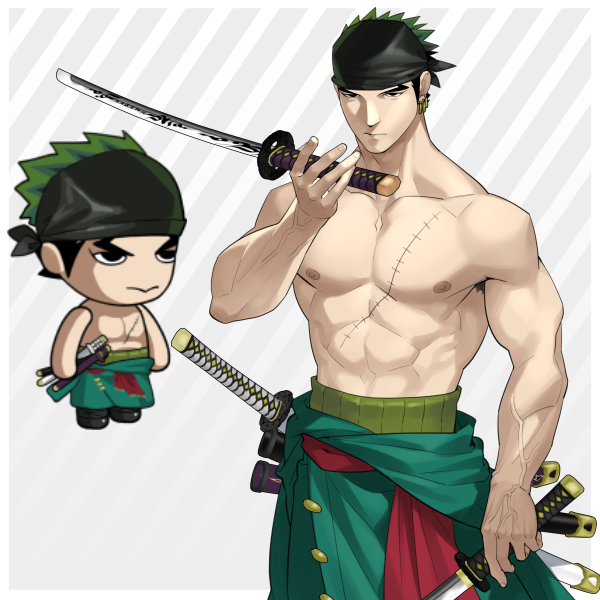 1boy abs armpit_hair armpit_hair_peek bandana bara chibi clothed_down cosplay cowboy_shot ero_condo holding holding_sword holding_weapon japanese_clothes kienbiu kimono male_focus muscular muscular_male navel nipples official_alternate_costume one_piece paid_reward_available pectorals roronoa_zoro roronoa_zoro_(cosplay) serious short_hair simple_background solo standing stomach sword tuan_(ero_condo) veins veiny_arms weapon