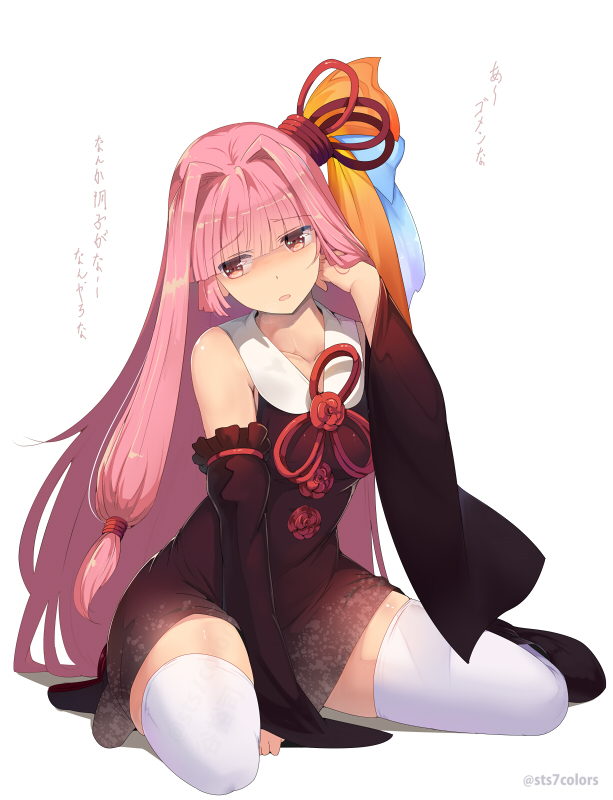 1girl bare_shoulders black_dress blunt_bangs blush breasts detached_sleeves dress female_focus flower full_body hair_intakes hair_ornament hair_ribbon kotonoha_akane long_hair long_sleeves looking_away medium_breasts parted_lips pink_hair red_eyes red_flower red_rose ribbon rose sitting solo sts thighhighs translation_request very_long_hair voiceroid white_thighhighs wide_sleeves