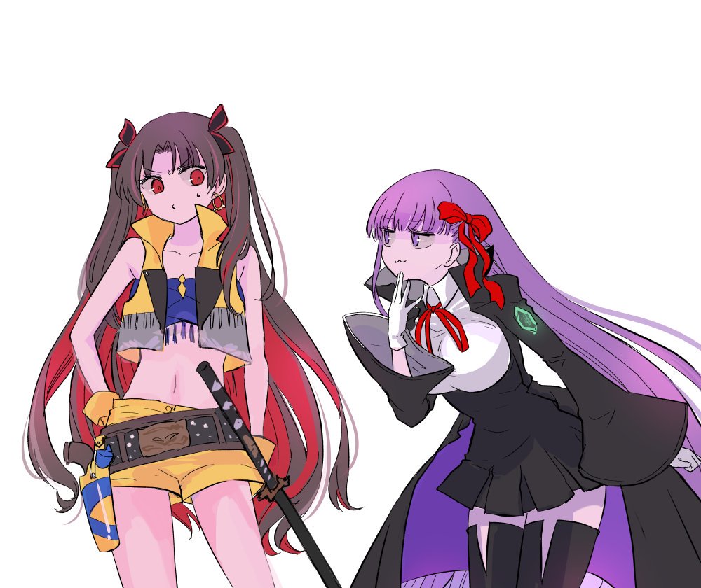 2girls bandeau bb_(fate) bb_(fate/extra) black_coat black_thighhighs blue_bandeau breasts brown_hair coat colored_inner_hair commentary_request cropped_vest fate/grand_order fate_(series) gloves gun hair_ribbon handgun high-waist_skirt himeko_(nico6v6pachi) holstered ishtar_(fate) large_breasts long_hair midriff miniskirt multicolored_hair multiple_girls navel purple_eyes purple_hair red_eyes red_hair ribbon sheath sheathed short_shorts shorts skirt space_ishtar_(fate) space_ishtar_(second_ascension)_(fate) sweatdrop sword thighhighs two-sided_coat two-sided_fabric two-tone_hair two_side_up underbust very_long_hair vest weapon white_gloves yellow_gloves yellow_shorts yellow_vest zettai_ryouiki