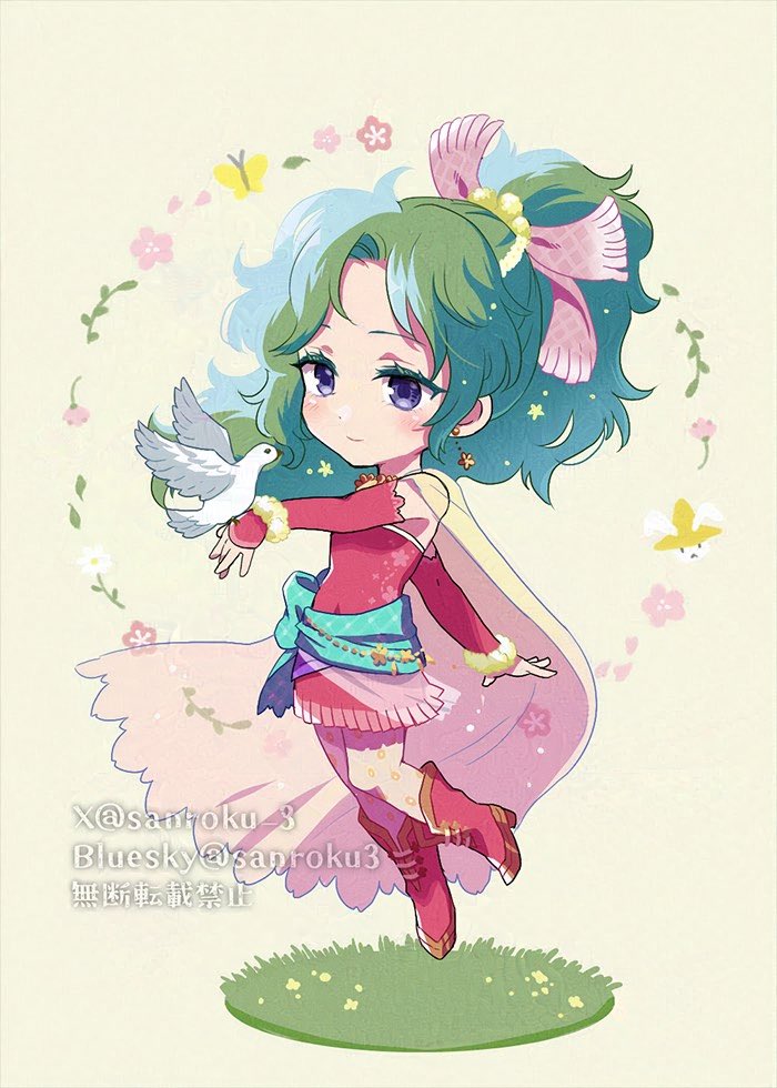 1girl bird bird_on_hand blue_eyes boots bug butterfly cape chibi detached_sleeves dress earrings final_fantasy final_fantasy_vi floating flower flower_earrings gradient_cape grass green_hair hair_ribbon insect jewelry light_blush light_smile long_hair parted_bangs pink_cape pink_flower pink_ribbon red_boots red_dress red_sleeves ribbon sanroku_3 sash short_dress solo strapless strapless_dress tina_branford tube_dress twitter_username waist_sash wavy_hair yellow_background yellow_cape