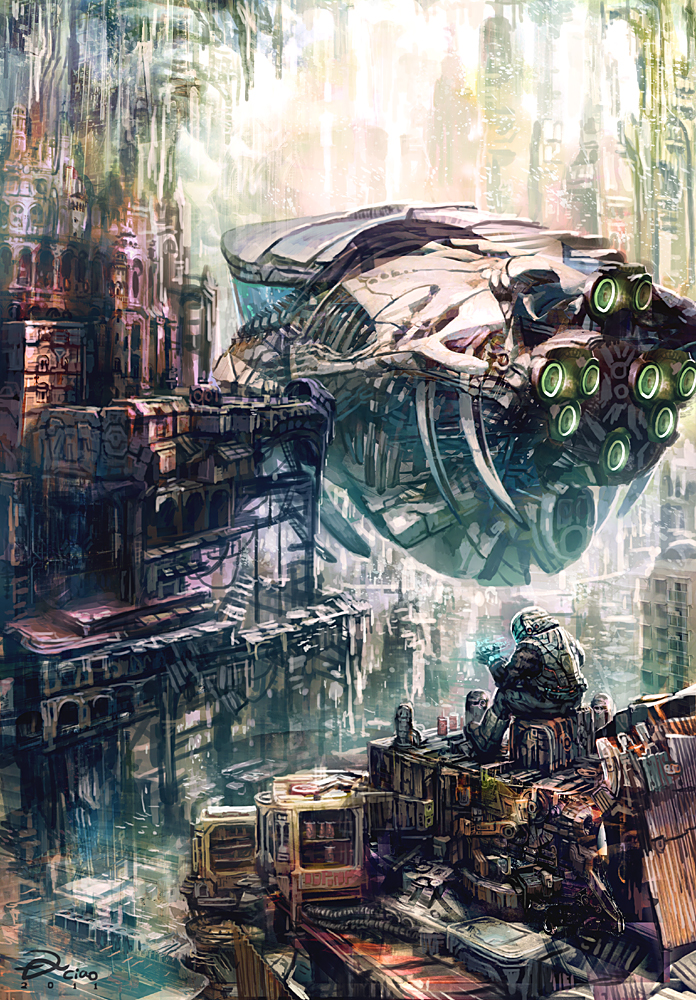 1boy dannoura_yuuki male_focus outdoors science_fiction signature sitting solo spacecraft spacesuit