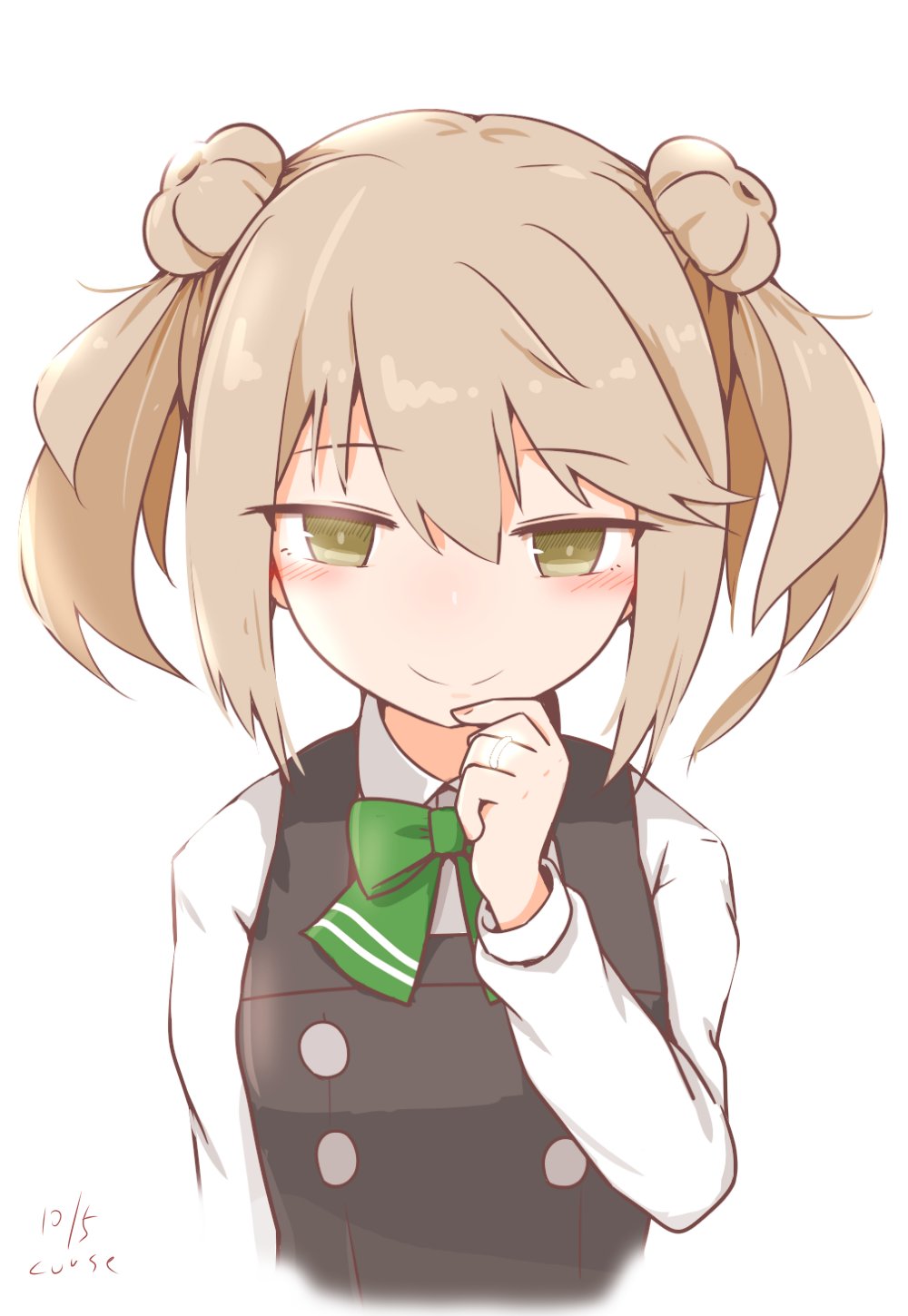 bow bowtie brown_eyes collared_shirt commentary_request cropped_torso curse_(023) double_bun dress dress_shirt drill_hair green_bow green_bowtie hair_bun highres kantai_collection light_brown_hair looking_at_viewer michishio_(kancolle) michishio_kai_ni_(kancolle) one-hour_drawing_challenge pinafore_dress shirt simple_background sleeveless sleeveless_dress smile twin_drills upper_body white_background white_shirt