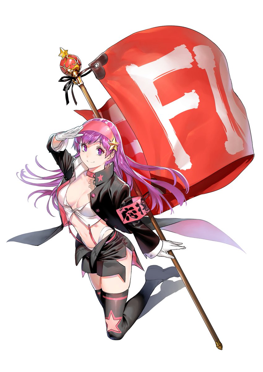 1girl asamiya_athena azuma_kyoutarou_(artist) breasts choker cleavage female_focus flagpole gakuran gloves hair_ornament hairband highres long_hair midriff ouendan purple_hair red_hairband salute school_uniform snk snk_heroines:_tag_team_frenzy solo star_(symbol) star_hair_ornament the_king_of_fighters thighhighs