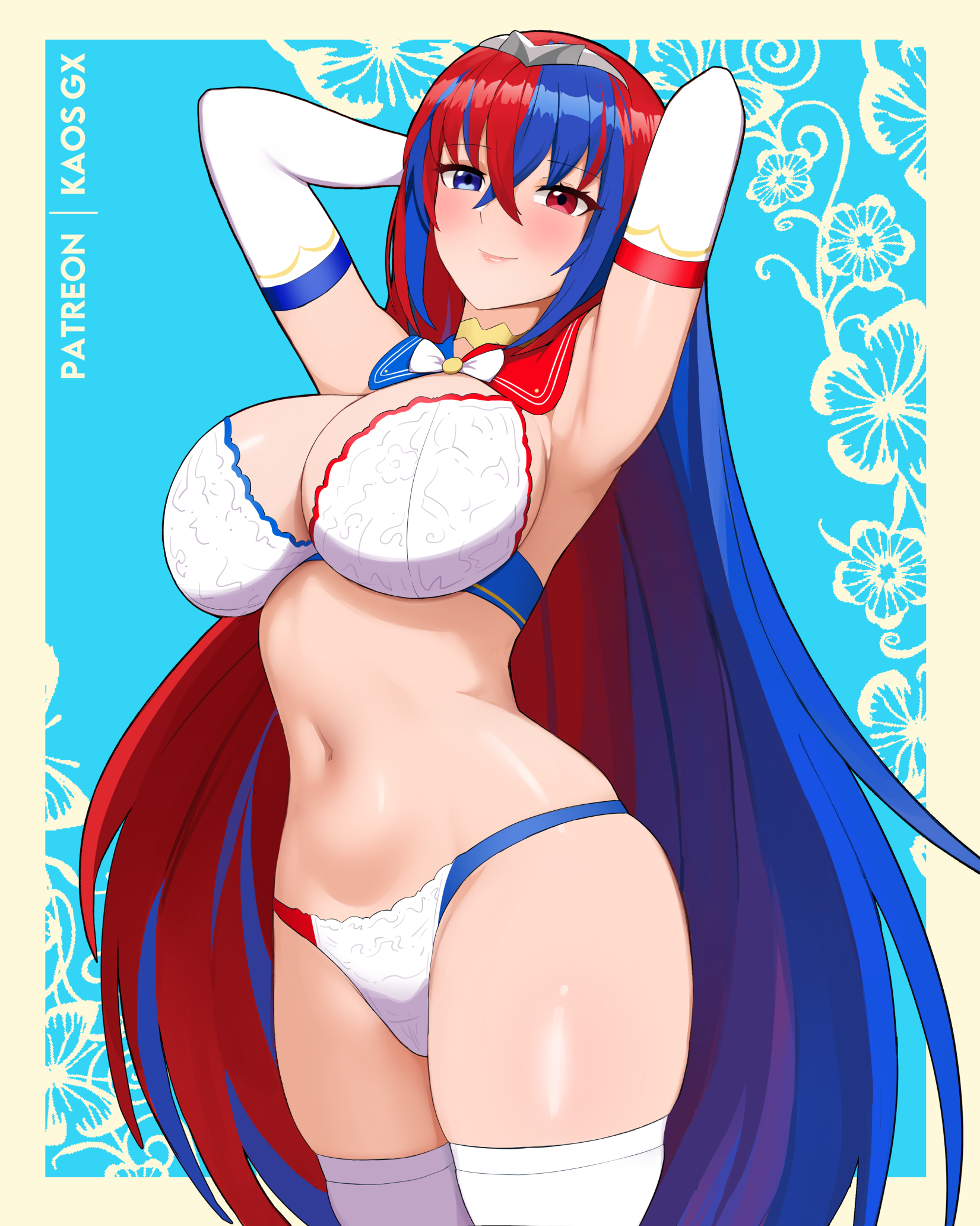 1girl armpits arms_behind_head arms_up artist_name blue_background blue_hair blush border bow bowtie bra breasts choker cleavage closed_mouth cowboy_shot detached_collar elbow_gloves female_alear_(fire_emblem) fire_emblem fire_emblem_engage floral_background gloves heterochromia highres kaos_art large_breasts looking_at_viewer multicolored_bra multicolored_hair multicolored_panties nintendo nipples outside_border panties red_eyes red_hair skindentation smile solo thighhighs tiara two-tone_hair underwear underwear_only white_border white_bow white_bowtie white_bra white_gloves white_panties white_thighhighs yellow_choker