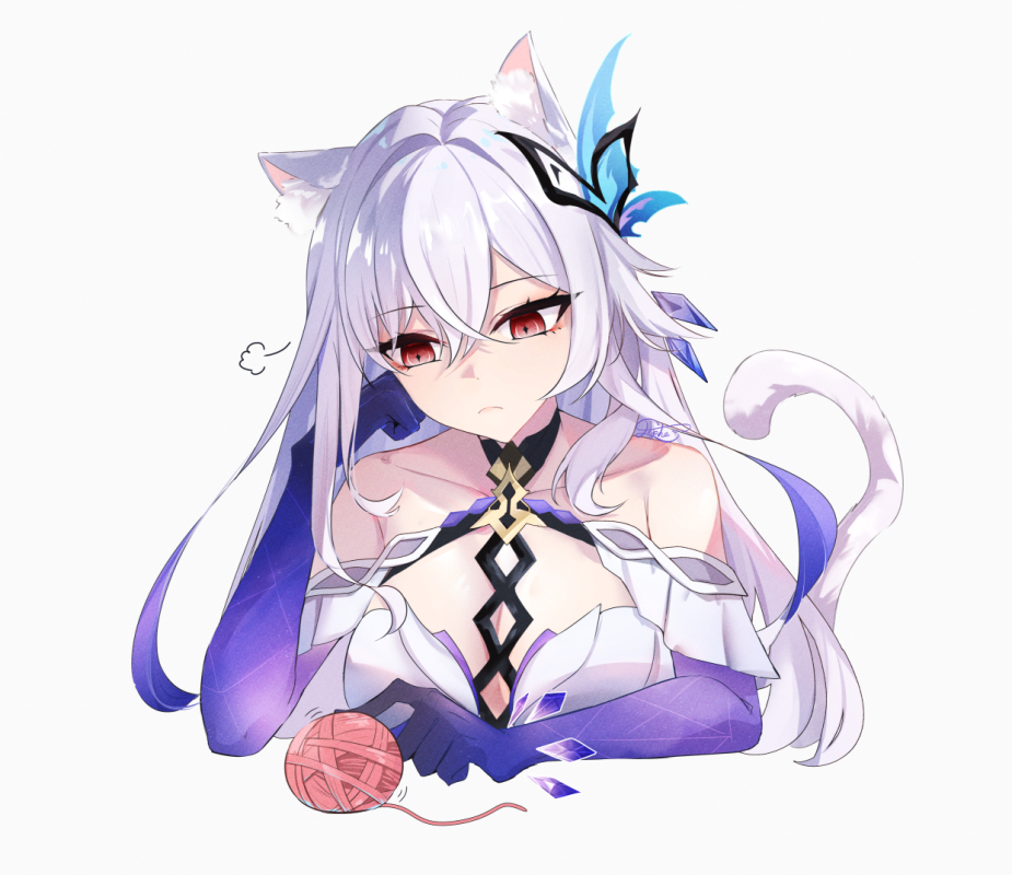 1girl animal_ears breasts cat_ears cat_tail cleavage elphe genshin_impact hair_ornament hand_on_own_face long_hair red_eyes sigh skirk_(genshin_impact) solo tail white_background white_hair yarn yarn_ball