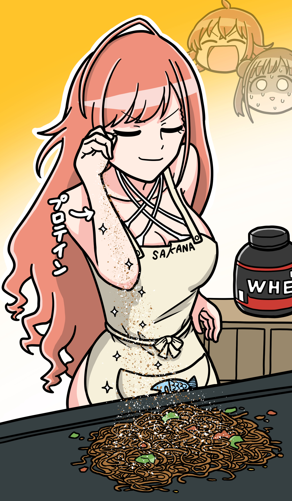 3girls ahoge apron arisugawa_natsuha bare_arms bare_shoulders breasts closed_eyes cooking gradient_background highres idolmaster idolmaster_shiny_colors komiya_kaho large_breasts long_hair meme multiple_girls open_mouth orange_hair parody powder salt_bae_(meme) sonoda_chiyoko sparkle sprinkling sweat sweatdrop translated tsunamayo very_long_hair whey_protein_powder yakisoba