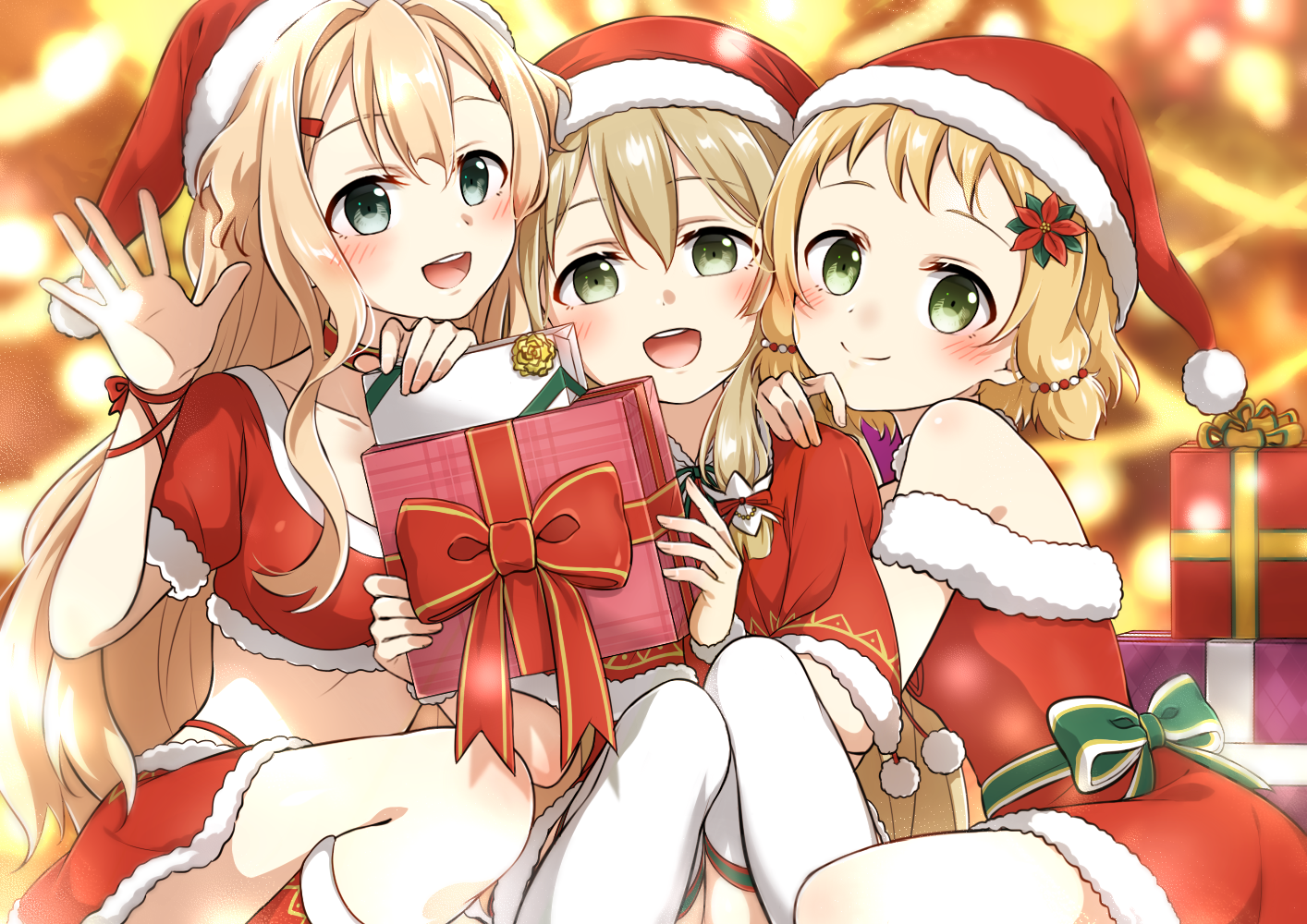 3girls :d blonde_hair blurry blurry_background blush box capelet character_request choker christmas closed_mouth collarbone crop_top dress eda_udon gift gift_box green_eyes green_ribbon hair_intakes hair_ornament hairclip hand_on_another's_shoulder hat inubouzaki_fuu inubouzaki_itsuki long_hair looking_at_viewer midriff miniskirt multiple_girls neck_ribbon open_mouth red_capelet red_choker red_dress red_ribbon red_skirt ribbon santa_hat short_dress short_hair short_sleeves skirt smile stomach thighhighs very_long_hair white_thighhighs white_trim wrist_ribbon yuuki_yuuna_wa_yuusha_de_aru yuusha_de_aru